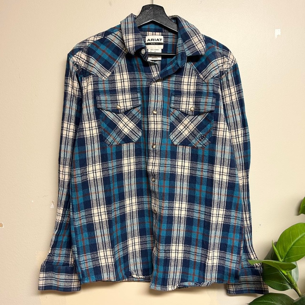Ariat Mens Blue Plaid Flannel Western Shirt Retro Fit Long Sleeve Medium